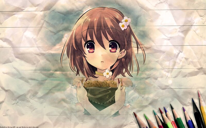 Anime Girl with Flowers — Brown, Calm, Digital Art