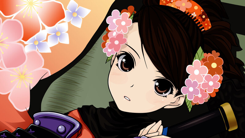 Anime Girl with Flowers — Brown, Calm, Spring