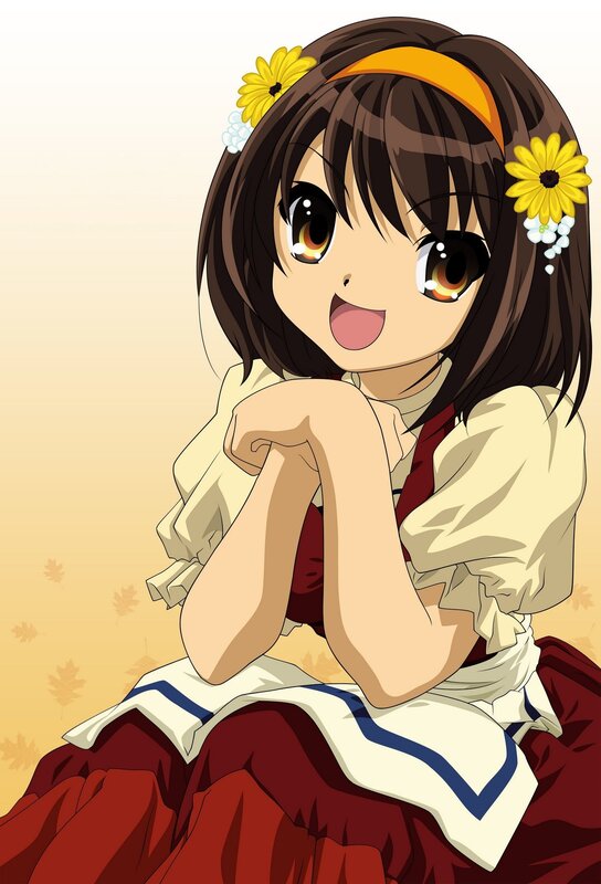 Anime Girl with Flowers — Brown, Cheerful