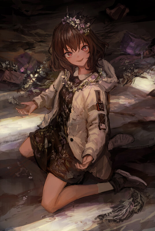 Anime Girl with Flowers — Brown, Dramatic