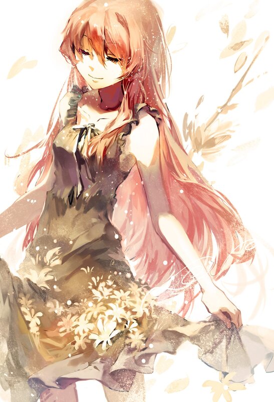 Anime Girl with Flowers — Brown, Serene, Autumn