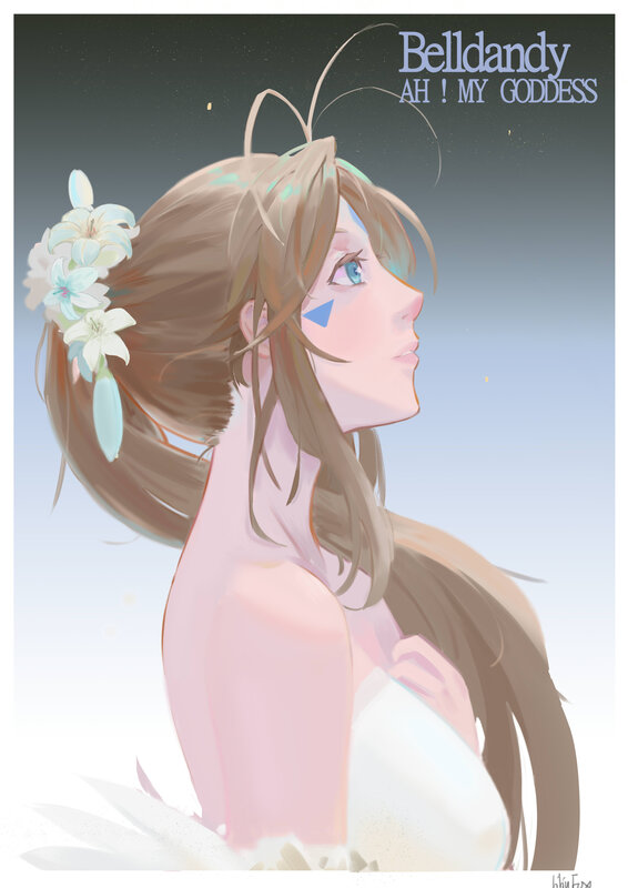 Anime Girl with Flowers — Brown, Serene, Digital Art, Blue Eyes