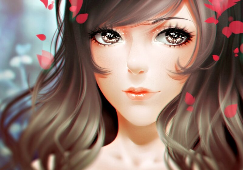 Anime Girl with Flowers — Brown, Serene, Digital Art