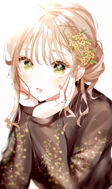 Anime Girl with Flowers — Brown, Serene, Morning