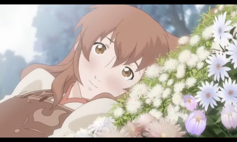 Anime Girl with Flowers — Brown, Serene, Spring