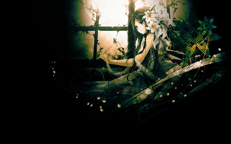anime girl with flowers by window