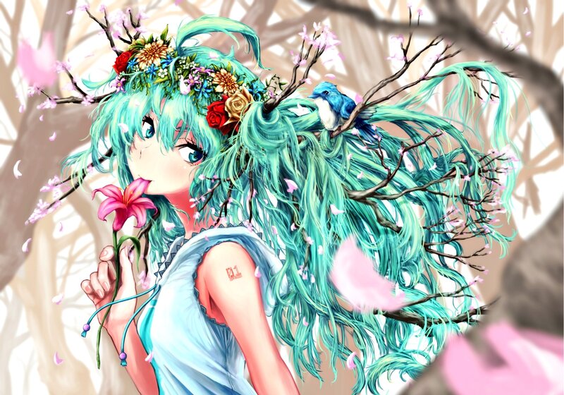 Anime Girl with Flowers — Cyan
