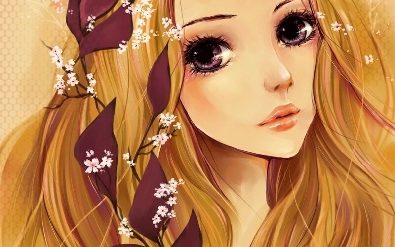 Anime Girl with Flowers — Gold