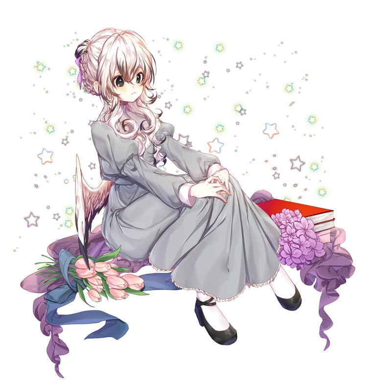 Anime Girl with Flowers — Gray, Serene