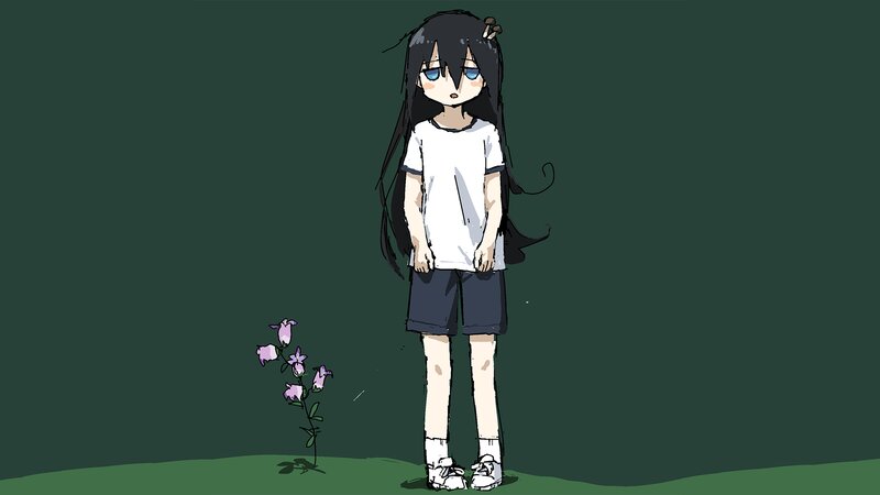 Anime Girl with Flowers — Green, Calm, Digital Art