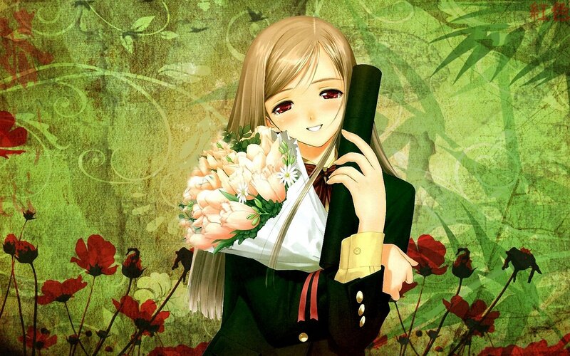 Anime Girl with Flowers — Green, Calm, School Uniform