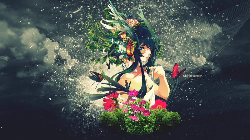 Anime Girl with Flowers — Green, Dramatic, Digital Art, Butterflies