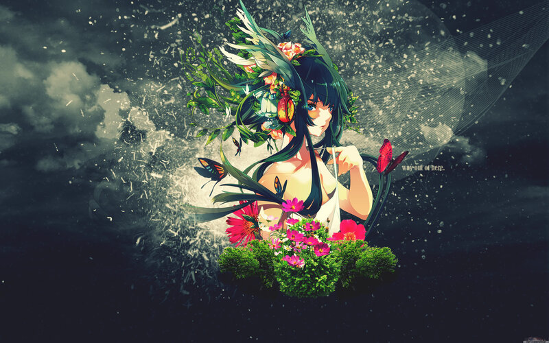 Anime Girl with Flowers — Green, Dramatic, Digital Art