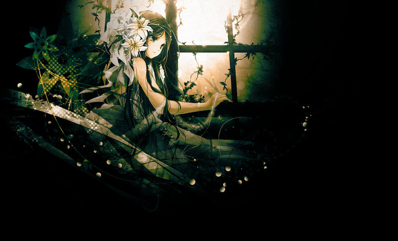 Anime Girl with Flowers — Green, Dramatic