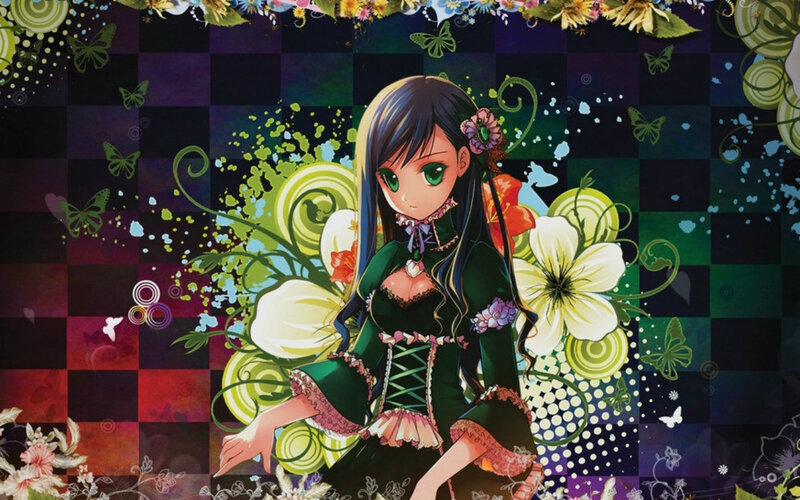 Anime Girl with Flowers — Green, Fantastical