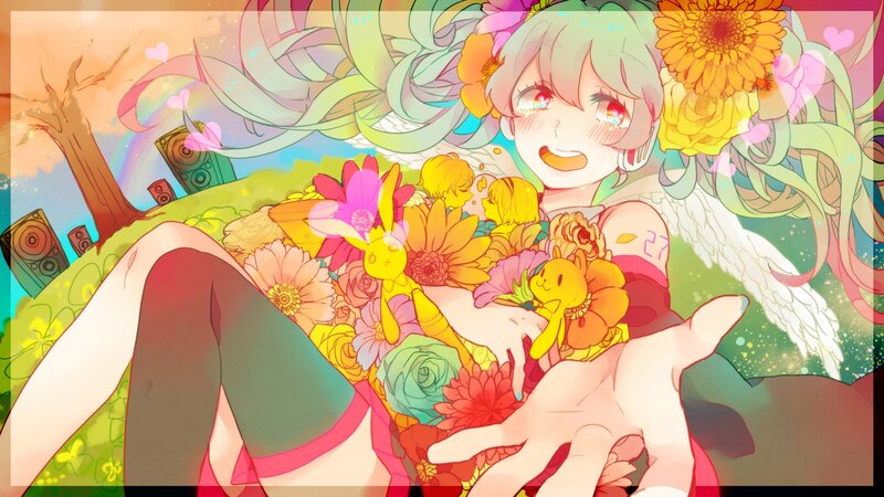 Anime Girl with Flowers — Green, Joyful