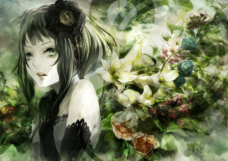 Anime Girl with Flowers — Green, Melancholic, Digital Art