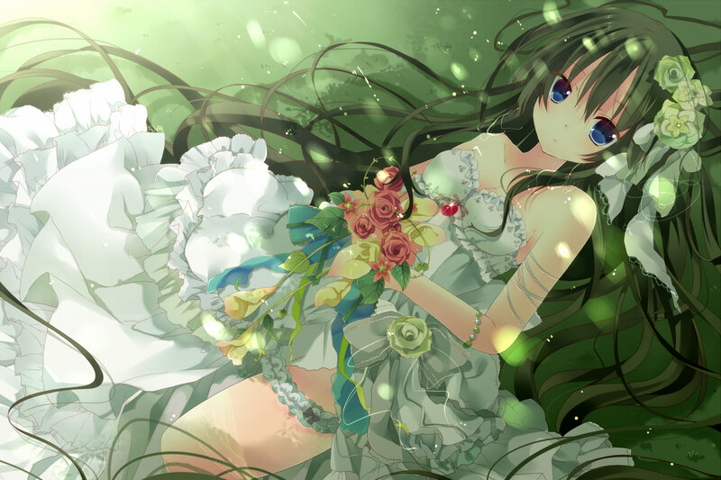 Anime Girl with Flowers — Green, Serene, Afternoon