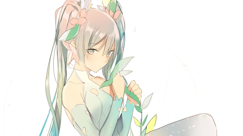 Anime Girl with Flowers — Green, Serene, Digital Art, Leaves, Long Hair