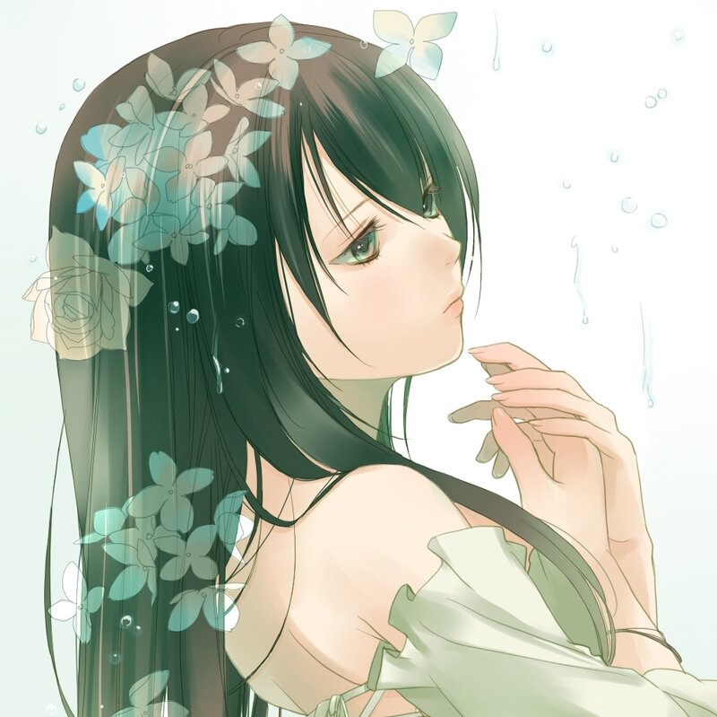 Anime Girl with Flowers — Green, Serene, Digital Art, Raindrops