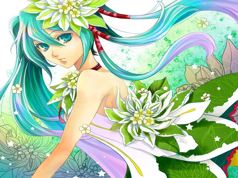 Anime Girl with Flowers — Green, Serene, Digital Art
