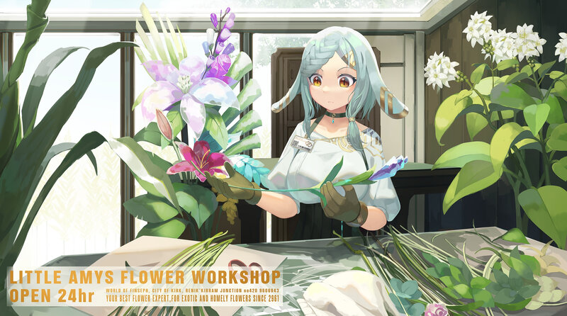 Anime Girl with Flowers — Green, Serene, Morning