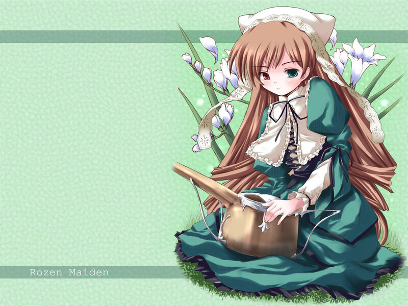 Anime Girl with Flowers — Green, Serene, Spring, Dress