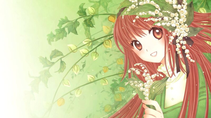 Anime Girl with Flowers — Green, Serene, Spring, Manga, Leaves