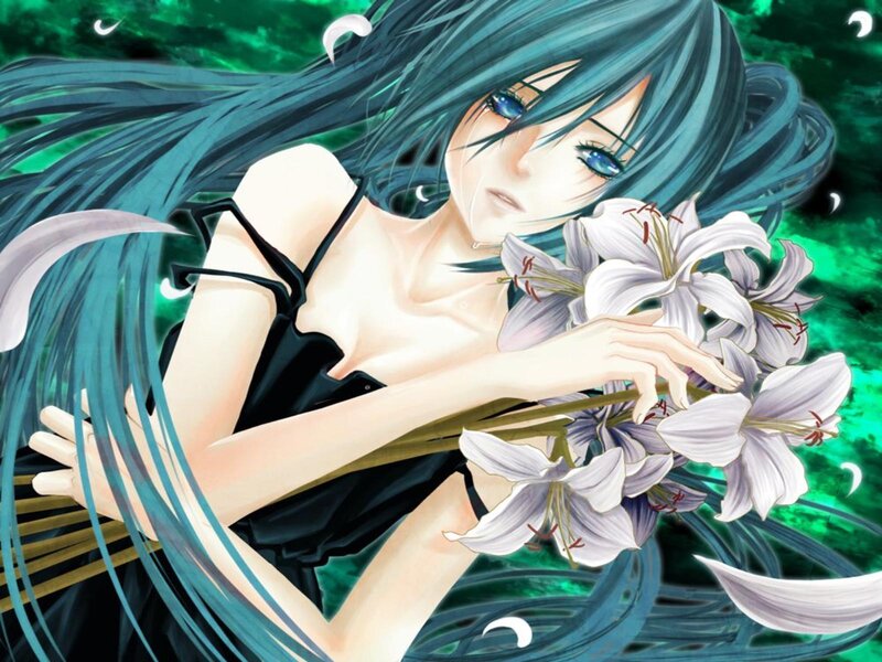 Anime Girl with Flowers — Green