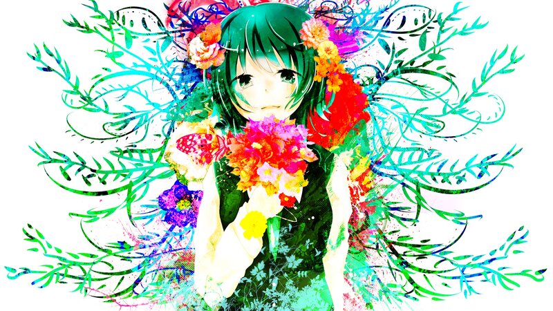 Anime Girl with Flowers — Green, Vibrant
