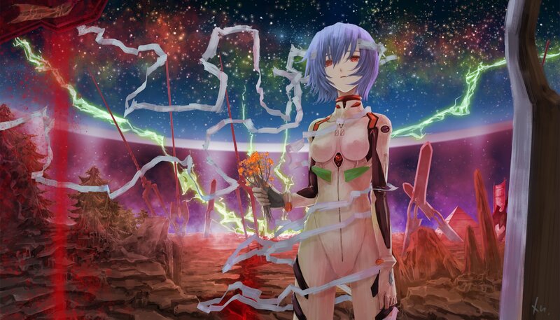 Anime girl with flowers in a surreal landscape