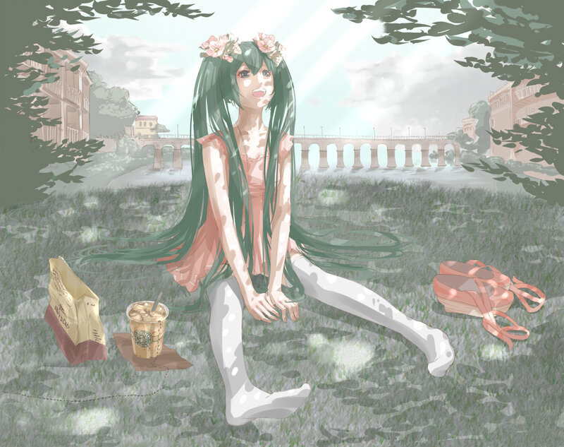 Anime girl with flowers in park