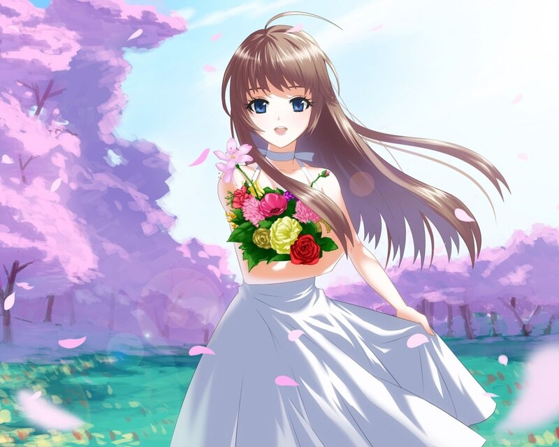 Anime girl with flowers in spring