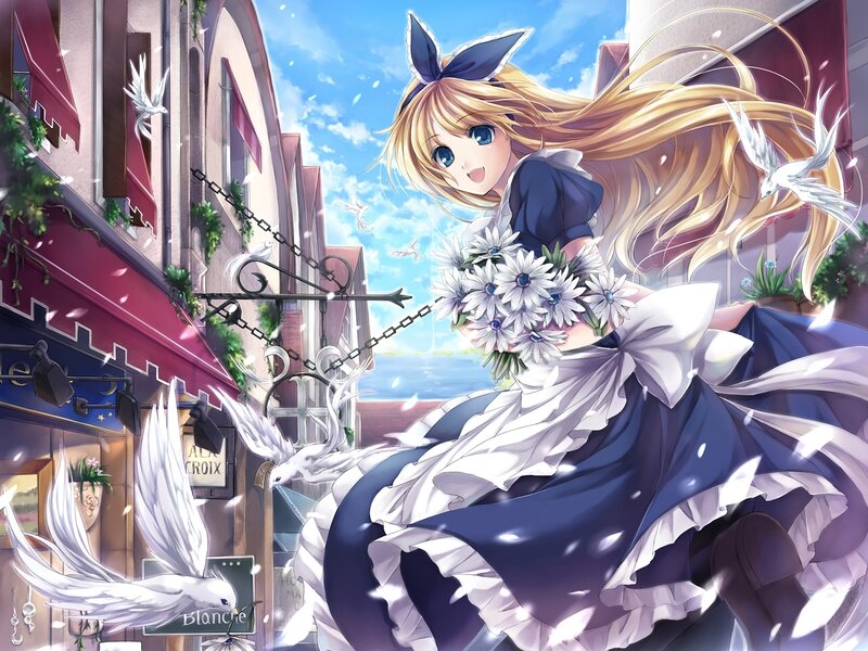 Anime girl with flowers in town