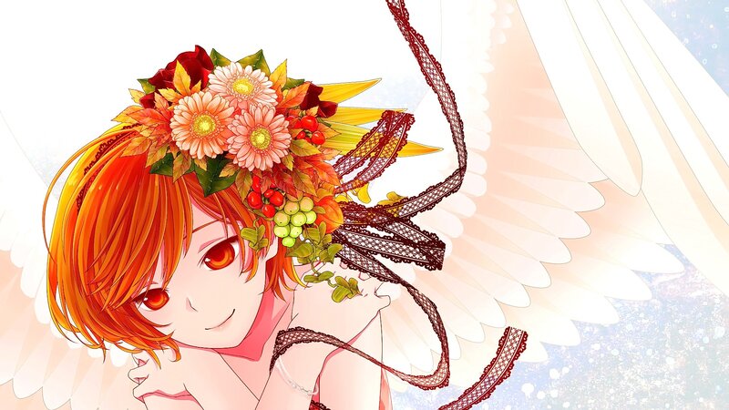 Anime Girl with Flowers — Orange, Serene, Autumn, Wings