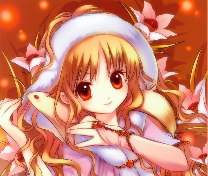 Anime Girl with Flowers — Orange, Serene, Necklace