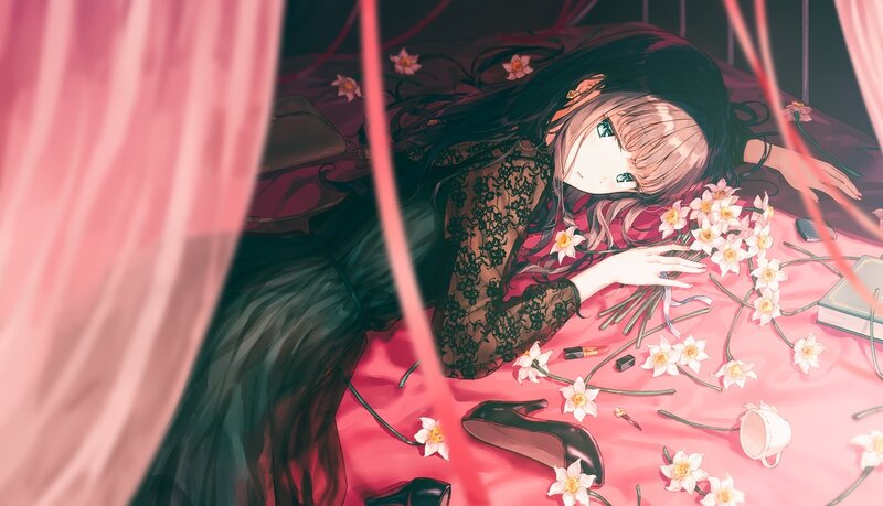 Anime Girl with Flowers — Pink, Calm, Digital Art