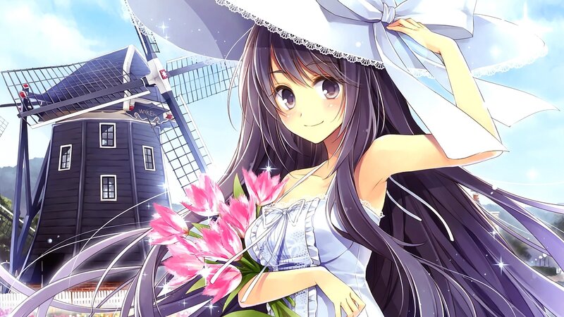 Anime Girl with Flowers — Pink, Cheerful, Afternoon, Windmill
