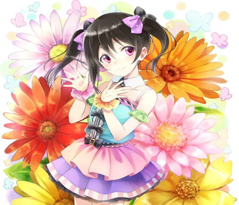 Anime Girl with Flowers — Pink, Cheerful, Spring, Butterflies