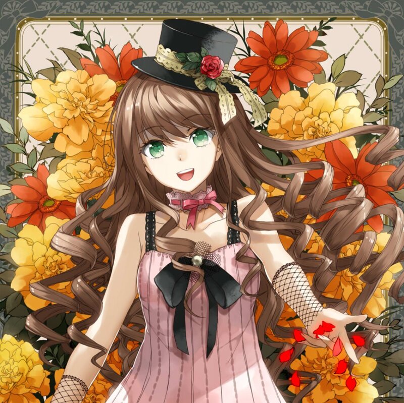 Anime Girl with Flowers — Pink, Cheerful, Top Hat
