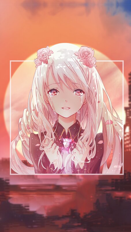 Anime Girl with Flowers — Pink, Dramatic, Sunset