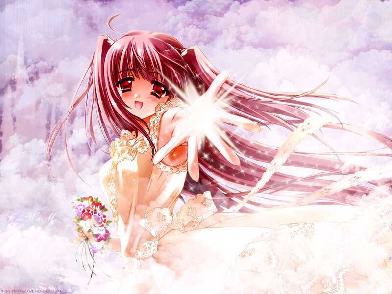 Anime Girl with Flowers — Pink, Dreamy, Clouds