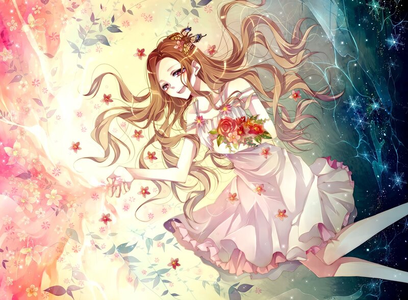 Anime Girl with Flowers — Pink, Dreamy, Digital Art, Butterfly
