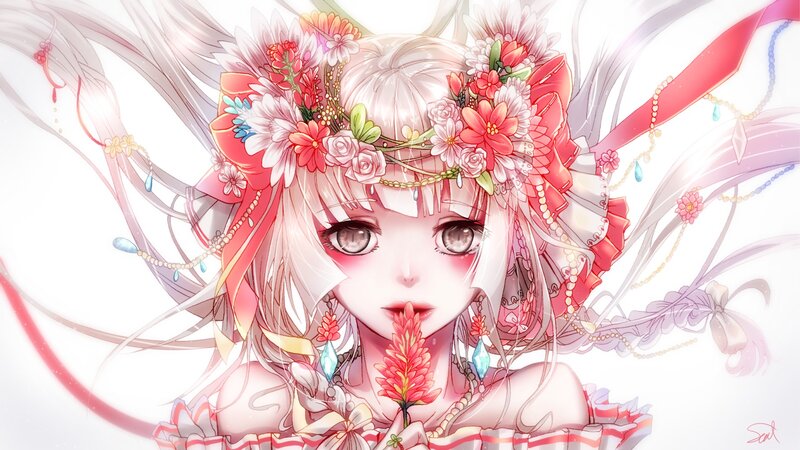 Anime Girl with Flowers — Pink, Dreamy, Digital Art, Ribbons