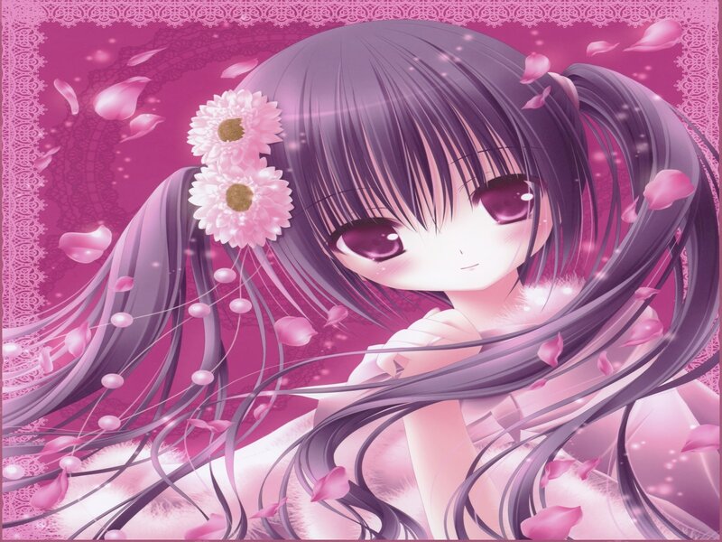 Anime Girl with Flowers — Pink, Dreamy, Petals