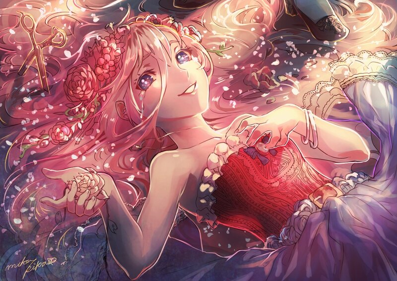 Anime Girl with Flowers — Pink, Dreamy, Spring, Digital Art, Scissors