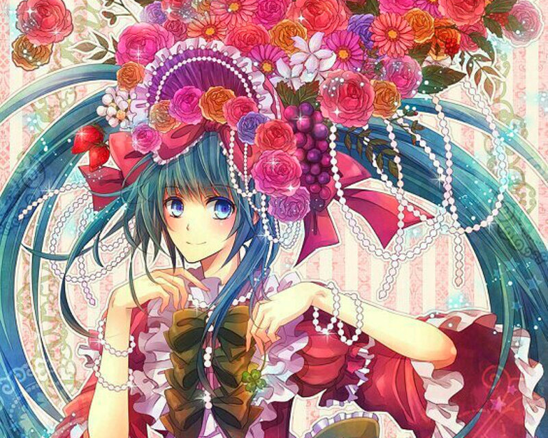 Anime Girl with Flowers — Pink, Festive, Digital Art