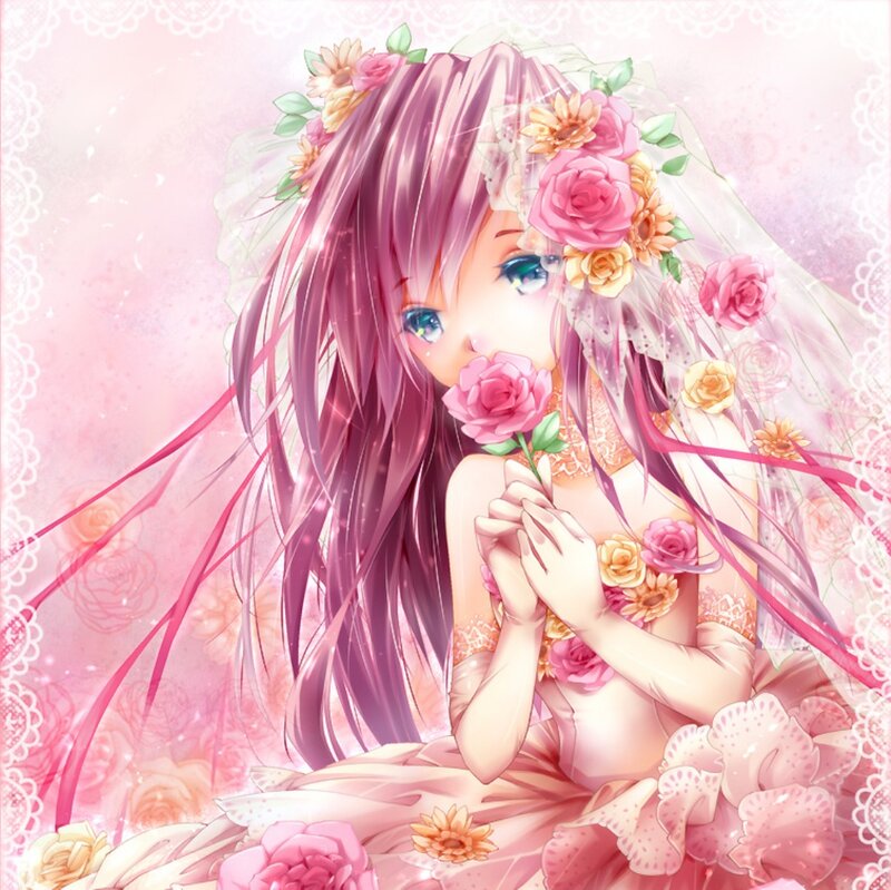 Anime Girl with Flowers — Pink, Romantic