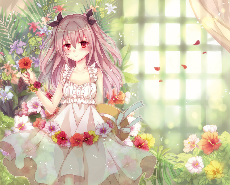 Anime Girl with Flowers — Pink, Serene, Afternoon