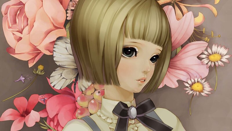 Anime Girl with Flowers — Pink, Serene, Digital Art, Butterfly, Bow Tie